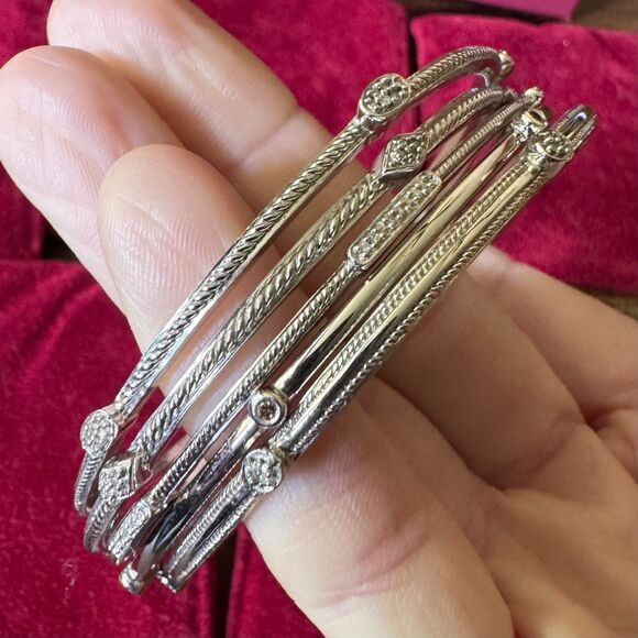 Set of 5 Affinity Diamond Sterling Silver Bangle Bracelets 925 Vintage 8 Inch - Picture 2 of 15